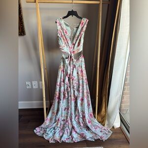 Mint Spring Floral Maxi Dress with Pink Bloom Accents